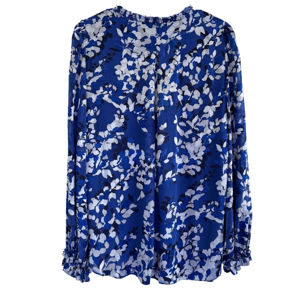Women’s Elie Tahari Blue White Floral Silk Blend Ruffle Blouse Size Small - Picture 7 of 12